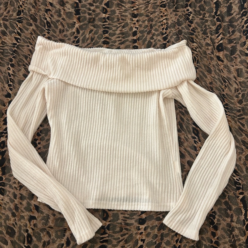 Off-Shoulder Cream Ribbed Sweater - Picture 2 of 2